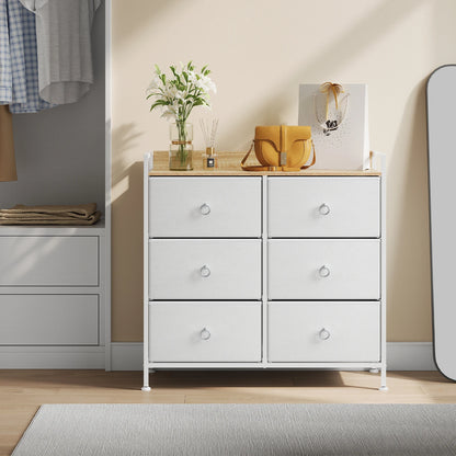 Ladenkast - Dressoir Kasten - Ladekast met 6 Stoffen Lades - Stevig & Stijlvol - Industriële Opbergkast - Metaal & Hout - Voor Woonkamer - Slaapkamer  - Hal  - 80x29x78cm - Wit - QUORE