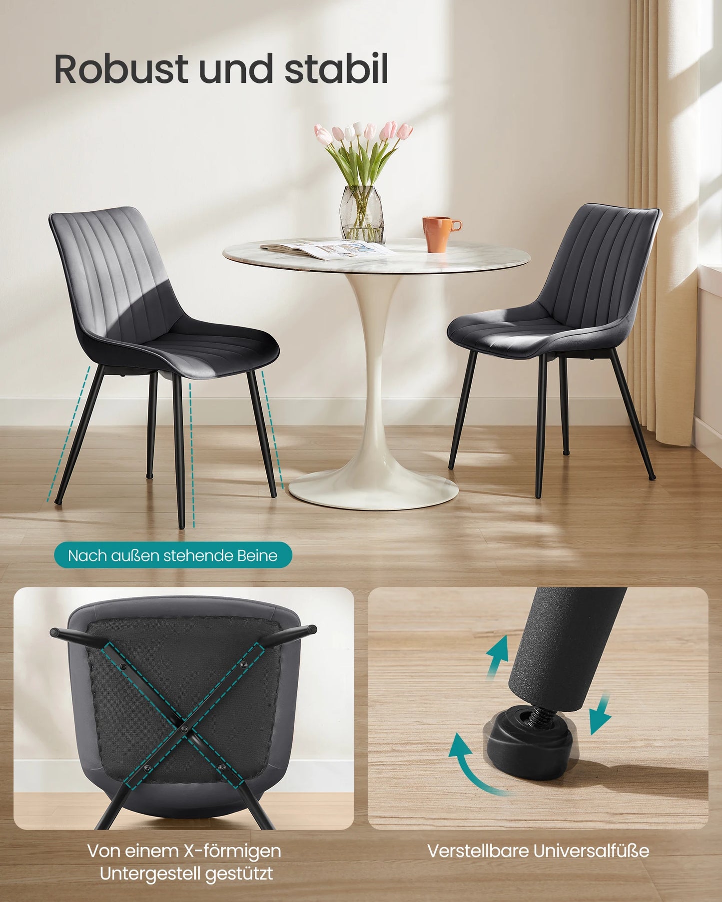 Eetkamerstoelen –  Set van 6 - Gestoffeerde Stoelen – Stoelen Set – Comfortabele Stoelen – Met Zachte Schuimvulling – Verstelbare Voeten - Grijs - QUORE