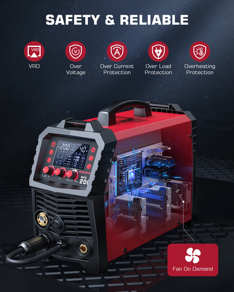 Arccaptain - Lasmachine - Elektrische Lasser - MIG Lasmachine - 6 in 1 - 220V - 200A - Inverter IGBT - Halfautomatische MMA Lift TIG Gas Non-Gas MIG 2T 4T Voor Thuis Lasser - Rood