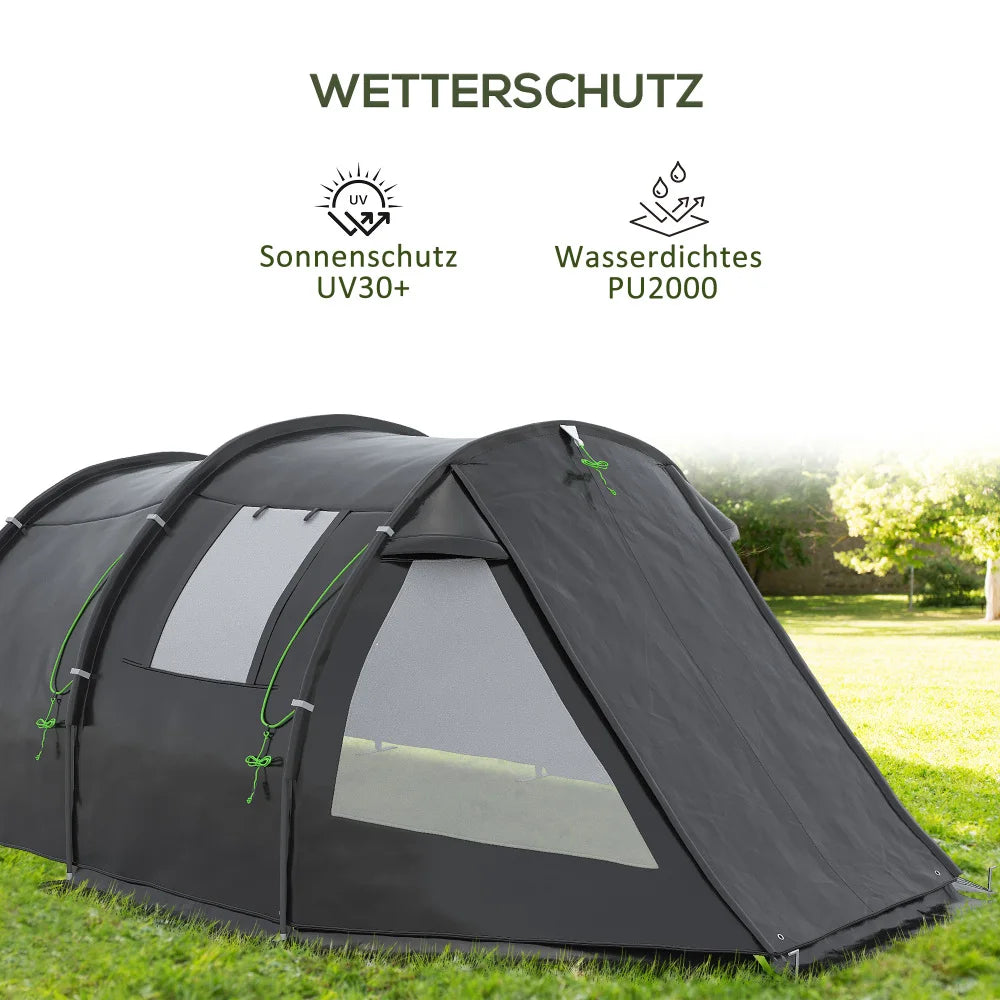 Tunneltent – Campingtent - 4-Persoons Tent – Kampeertent – Gezinstent – Waterdicht – 2 Gescheiden Ruimtes – Glasvezelstokken - 475 x 264 x 172 cm - Zwart