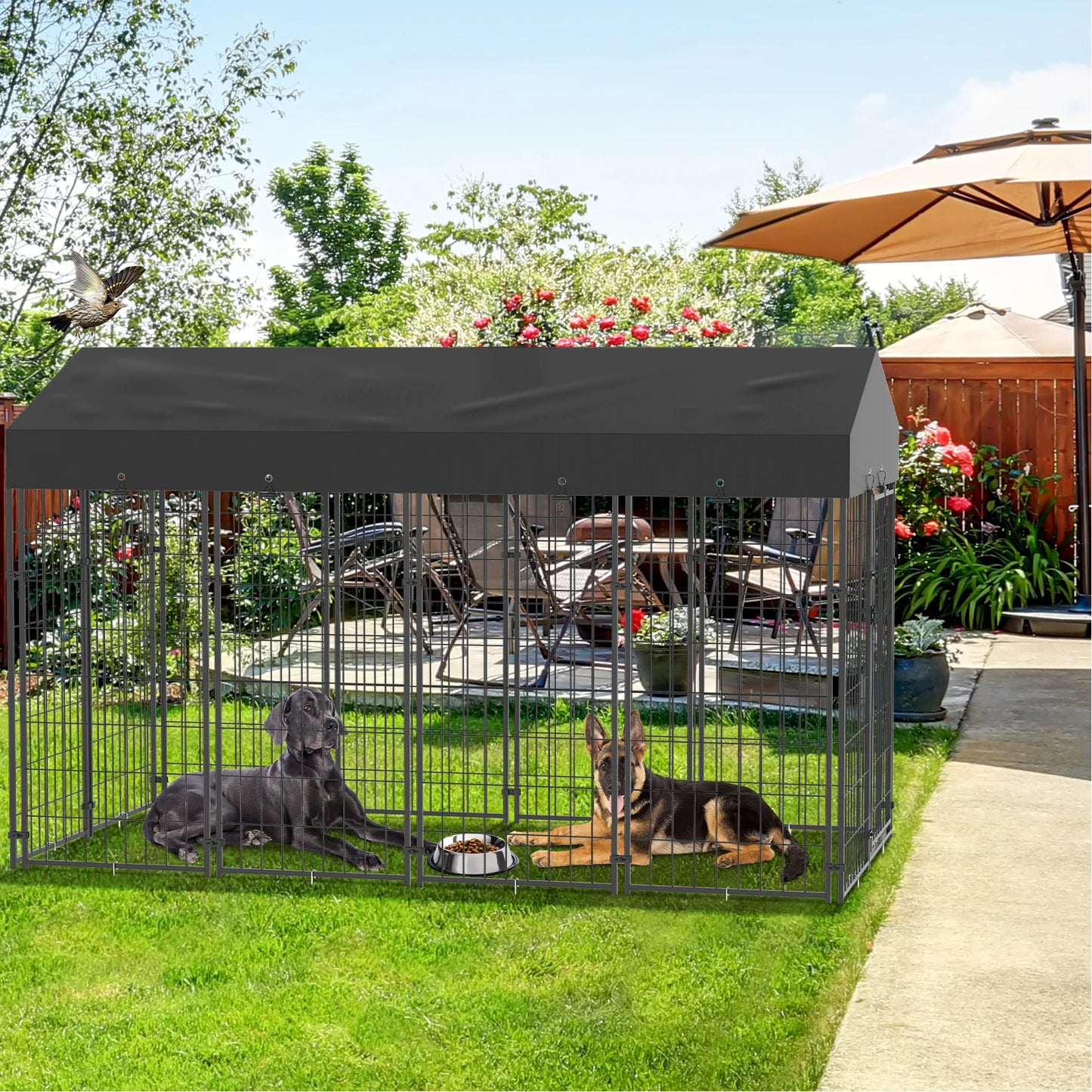 Grote Hondenren – Hondenkooi Buiten – Hondenbench Tuin – Hondenren Met Dak – Hondenhok Dicht – Robuust Gegalvaniseerd Stalen Frame – Weerbestendig Oxford Doek Overkapping - QUORE