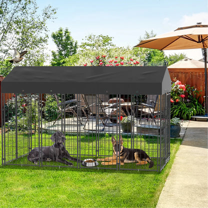 Grote Hondenren – Hondenkooi Buiten – Hondenbench Tuin – Hondenren Met Dak – Hondenhok Dicht – Robuust Gegalvaniseerd Stalen Frame – Weerbestendig Oxford Doek Overkapping - QUORE