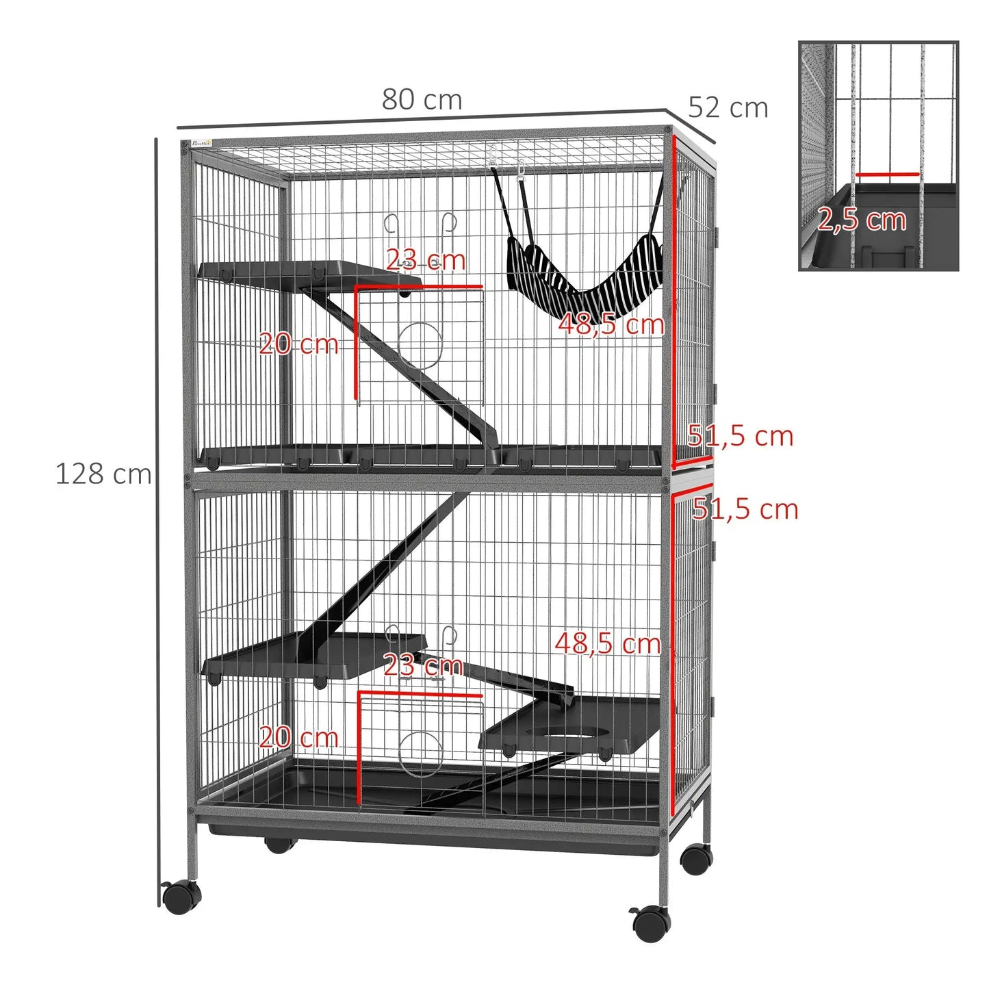 Multifunctional Small Animal Cage with 4 Platforms 3 Ramps 4 Doors Steel Grey Silver Black Size 80L x 52B x 128H cm