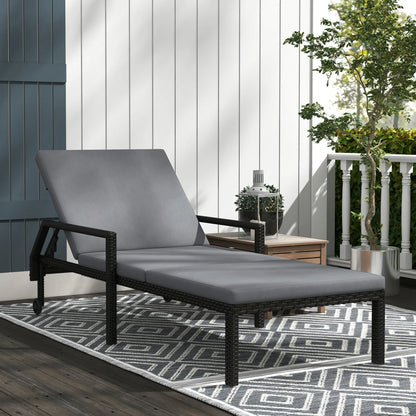 Rattan Lounger met Verstelbare Rugleuning - Handgeweven PE Rattan en Metalen Frame - Met Wielen - 5 Posities - 73x200x48 cm - Donkergrijs