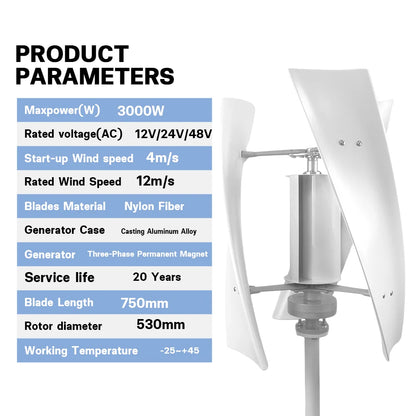Verticale Windturbine – Windgenerator – Windmolen – Dynamo – Alternatieve Energie Generator – 3000W – Hybride MPPT Controller – Inclusief Zonnepanelen