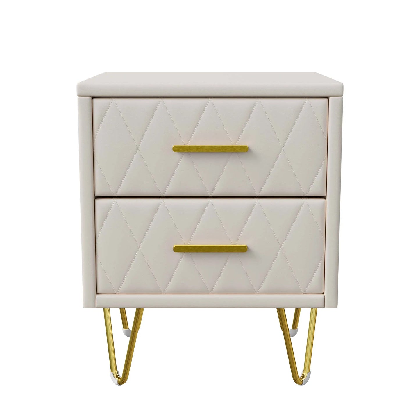 Nachtkastje – Bijzettafel – Ladekast – Nachttafel – Meubel – Set van 2 – 2 Lades – Beige Gestoffeerd – Gouden Metalen Pootjes – 41x35x51 cm