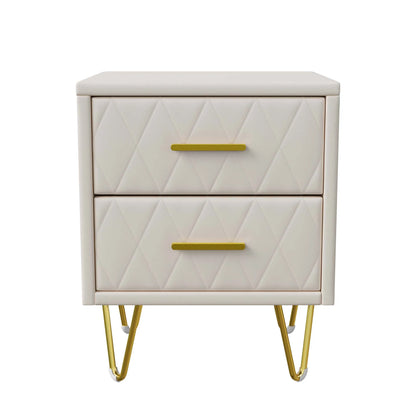 Nachtkastje – Bijzettafel – Ladekast – Nachttafel – Meubel – Set van 2 – 2 Lades – Beige Gestoffeerd – Gouden Metalen Pootjes – 41x35x51 cm