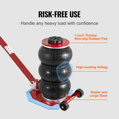 Pneumatische Krik - Autokrik - Garagekrik - Krik - 3 Ton - Verstelbare Triple Bag Air Jack met Wielen en Inklapbare Stang - Luchtkussen Krik - Rood - QUORE