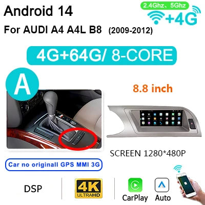 8,8" Autoradio – Multimedia Speler – Android Navigatie – Carplay Systeem – 2 Din Stereo – 8GB RAM – 256GB Opslag – 4G LTE Connectivity – Plug & Play Voor Audi A4 B8 2009-2016