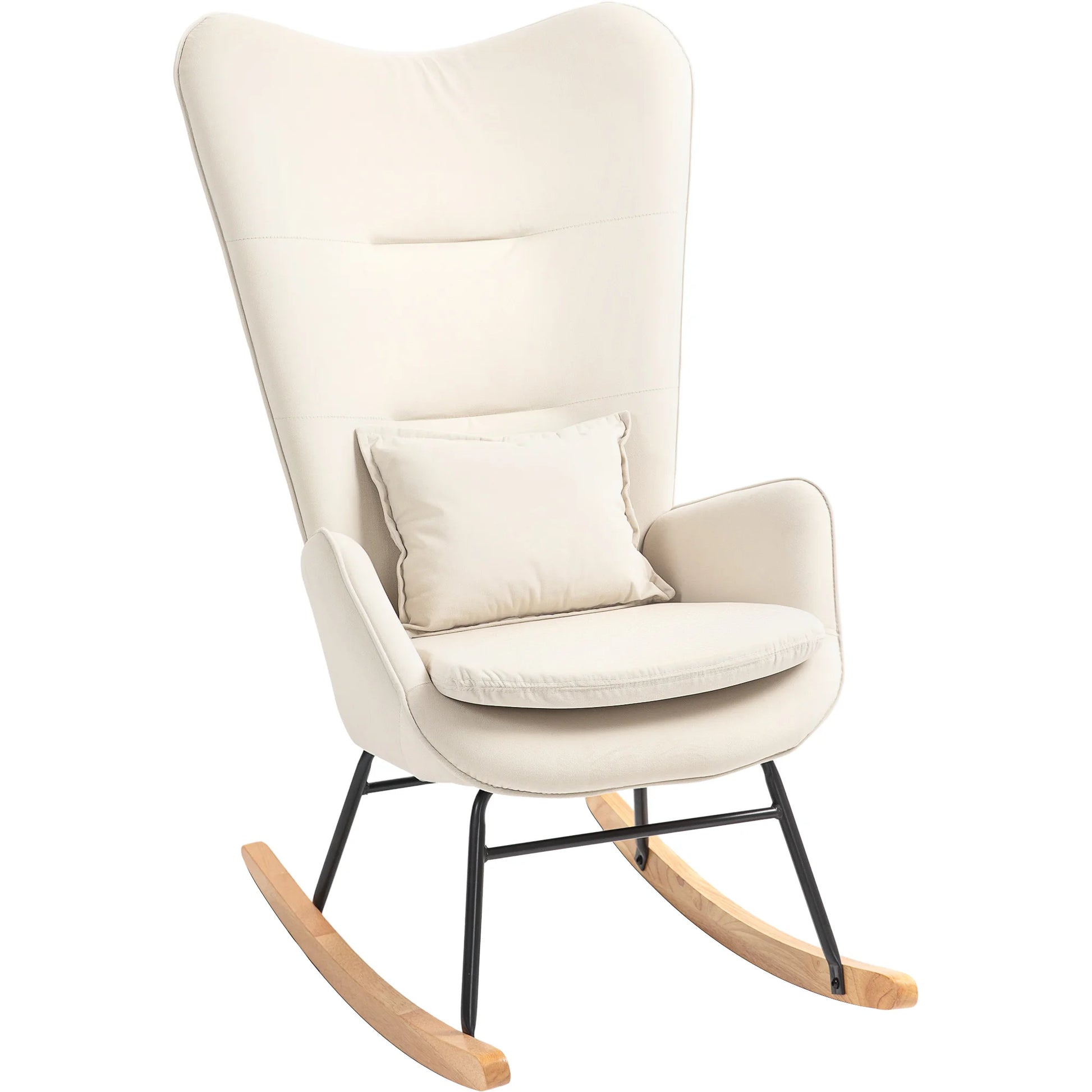 Schommelstoel – Relaxstoel – Loungestoel – Schommelzetel – Velours Bekleding – Ergonomische Rugleuning – Houten Poten - 67 x 85 x 112 cm - Crèmewit - QUORE