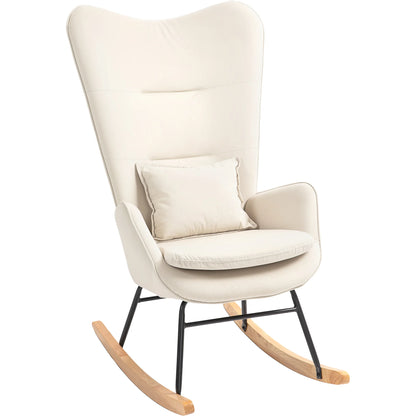Schommelstoel – Relaxstoel – Loungestoel – Schommelzetel – Velours Bekleding – Ergonomische Rugleuning – Houten Poten - 67 x 85 x 112 cm - Crèmewit - QUORE