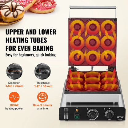 VEVOR Electric Donut Maker 2000W Commercial Doughnut Machine with Non-stick Surface Double-Sided Heating Waffle Doughnut Machine