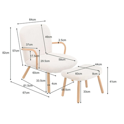 Fauteuil – Stoel – Relaxfauteuil – Zetel – Bijpassende Voetenbank – Teddy Fleece Bekleding – Houten Frame