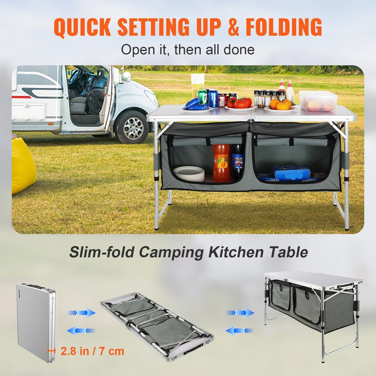 Foldable Camping Kitchen Table - Folding Table - Camping Table Foldable - Outdoor - Quick Set Up - Adjustable Height - Family Party - Lightweight - Space Saving - Silver