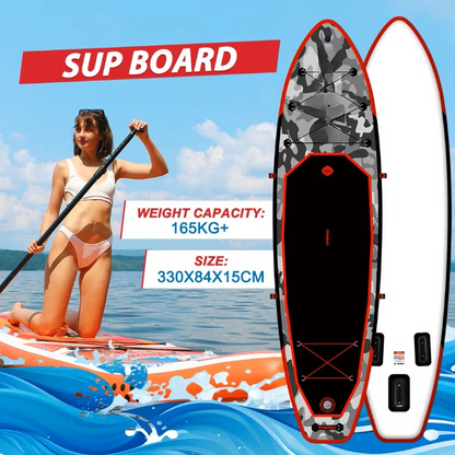 Supboard - Paddle Board - Peddelplank - Surfplank - Opblaasbaar - met Zitje - Inc. Rugzak - Peddel - Handpomp - Reparatieset - Leiband - Vinnen - Handleiding - Waterdichte Tas - 330 × 84 × 15 cm - Rood