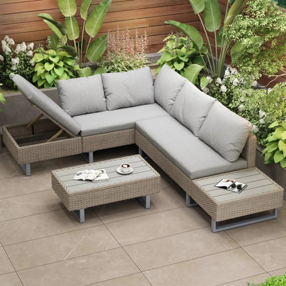 Loungebank – Tuinbank – Loungeset – Buitenbank – Tuinmeubel – UV-bestendig PE-Rattan – Verstelbare Rugleuning - Khaki