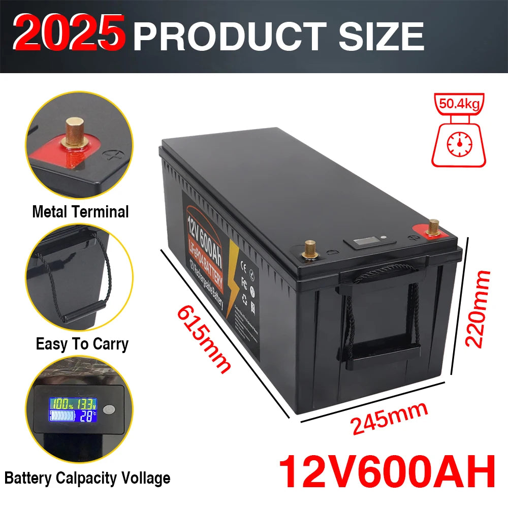 LiFePO4 Accu – Lithium Accu – LFP Batterij – Zonne-energie Accu – Golfkar Accu – 12V 600Ah – Ingebouwde BMS – IP65 Spatwaterdicht