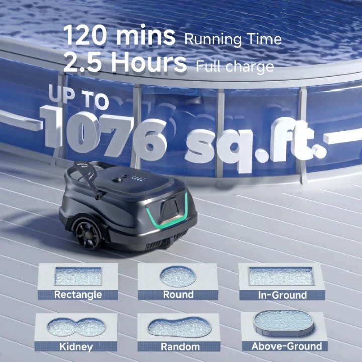 Zwembadstofzuigers - Zwembadrobot - Draadloos Zwembadreiniger - met Slimme Navigatie - voor Automatisch Parkeren - Dubbellaags Filtratie - 120min. Looptijd - 2600mAh - 33W - Zwart - QUORE