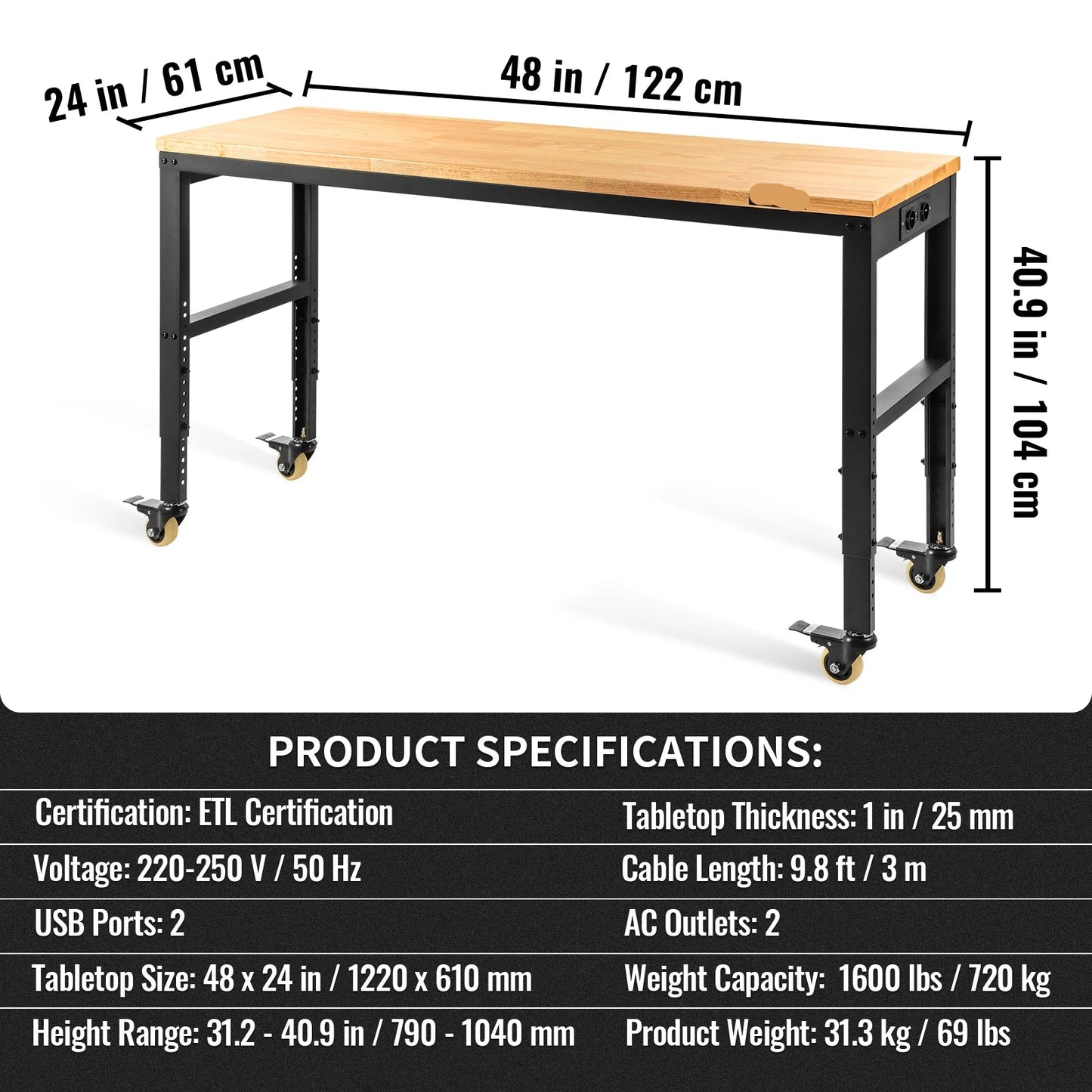 Werkbank – Verstelbare Werktafel – Hobbybank – Klusbank – Massief Eikenhout – Stalen Frame – 900 Kg Belastbaar - 48x24inch met Wielen