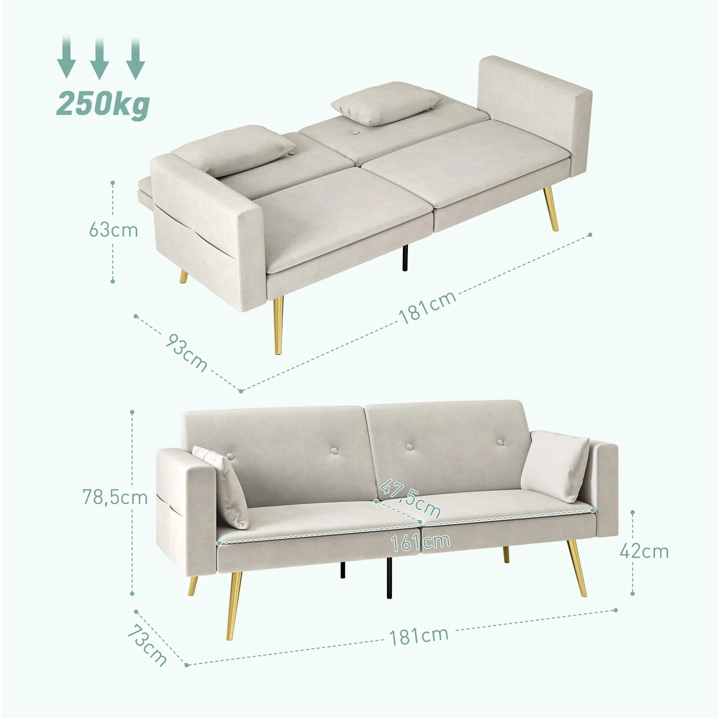 2-Zits Slaapbank – Bedbank – Slaapbankje – Sofa Bed – Compact Formaat – Verstelbare Rugleuning – Velvet Materiaal