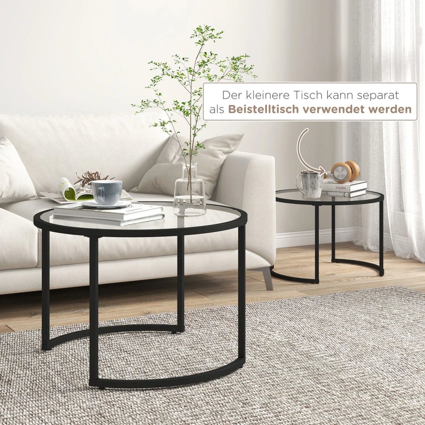 Salontafel Set – Tafel – Bijzettafel – Koffietafel – Woonkamertafel – Zwart Stalen Frame – Geharde Glazen Bladen – Stapelbaar – Ruimtebesparend