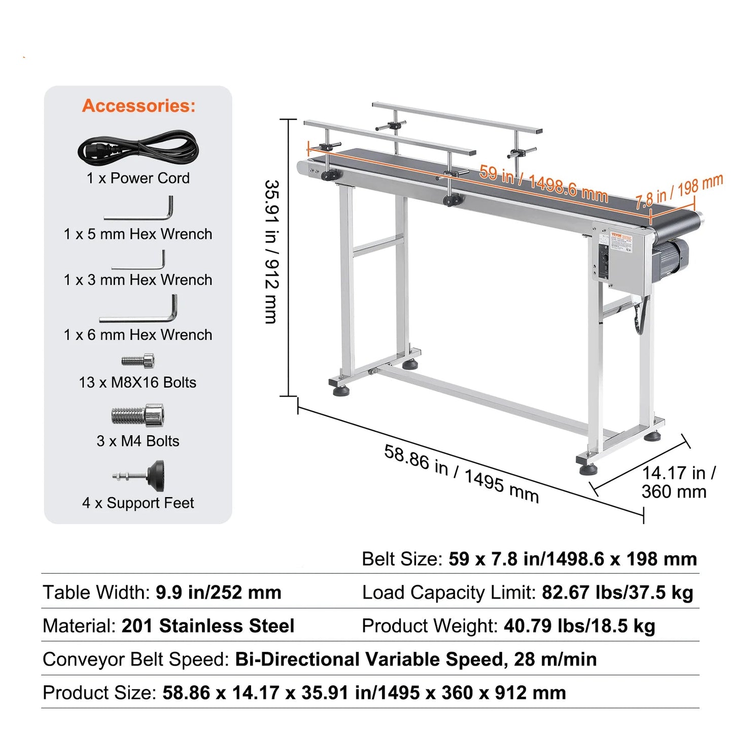 PVC Bandtransporteur – Transportband – Conveyor – Productband – Industriële Transportband – Roestvrij Stalen Frame – Instelbare Snelheid - 59 x 7.8 inch