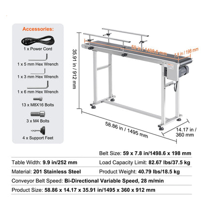 PVC Bandtransporteur – Transportband – Conveyor – Productband – Industriële Transportband – Roestvrij Stalen Frame – Instelbare Snelheid - 59 x 7.8 inch