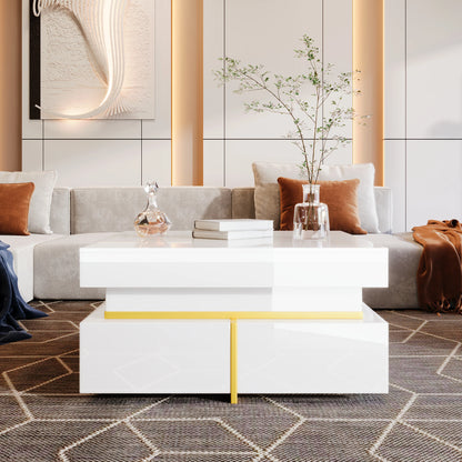 Salontafel – Koffietafel – Tafel – Woonkamertafel – Hoogglans Afwerking – Gouden Accenten – Twee Lades