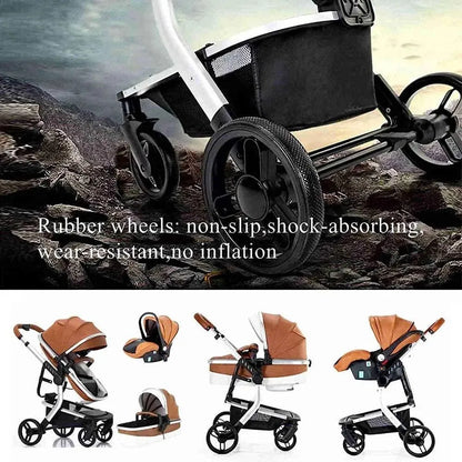 3 in 1 Baby Stroller with Leather Handle High Landscape Foldable Lightweight Pushchair Reclining Seat for Newborn to Toddler