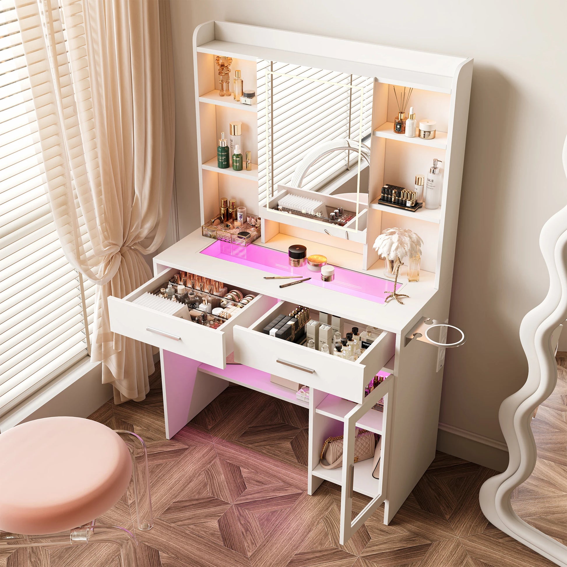 Make-up tafel – Schminktisch – Make-up bureau – Opmaaktafel – Beauty tafel – Verstelbare LED verlichting – Ruime lades – 140x53x46 cm – MDF zwart/wit - QUORE