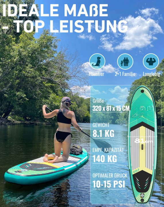 Opblaasbaar Stand Up Paddle Board – SUP Board – Inflatable Paddleboard – Waterboard – Lichtgewicht – Duurzaam PVC – Verstelbaar Peddel En Zitje -Mintgroen