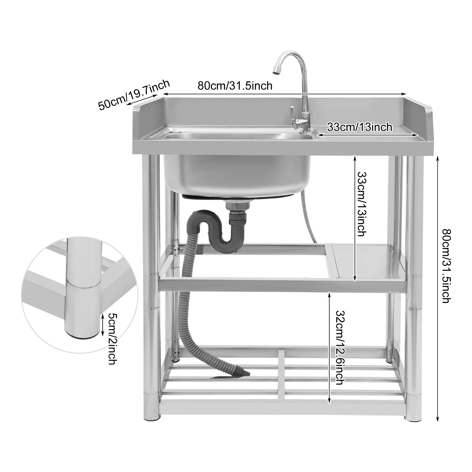 2-Tier Stainless Steel Single Bowl Sink with Worktop and Faucet, 100KG Capacity Floor Standing Kitchen Hand Washing Station - QUORE