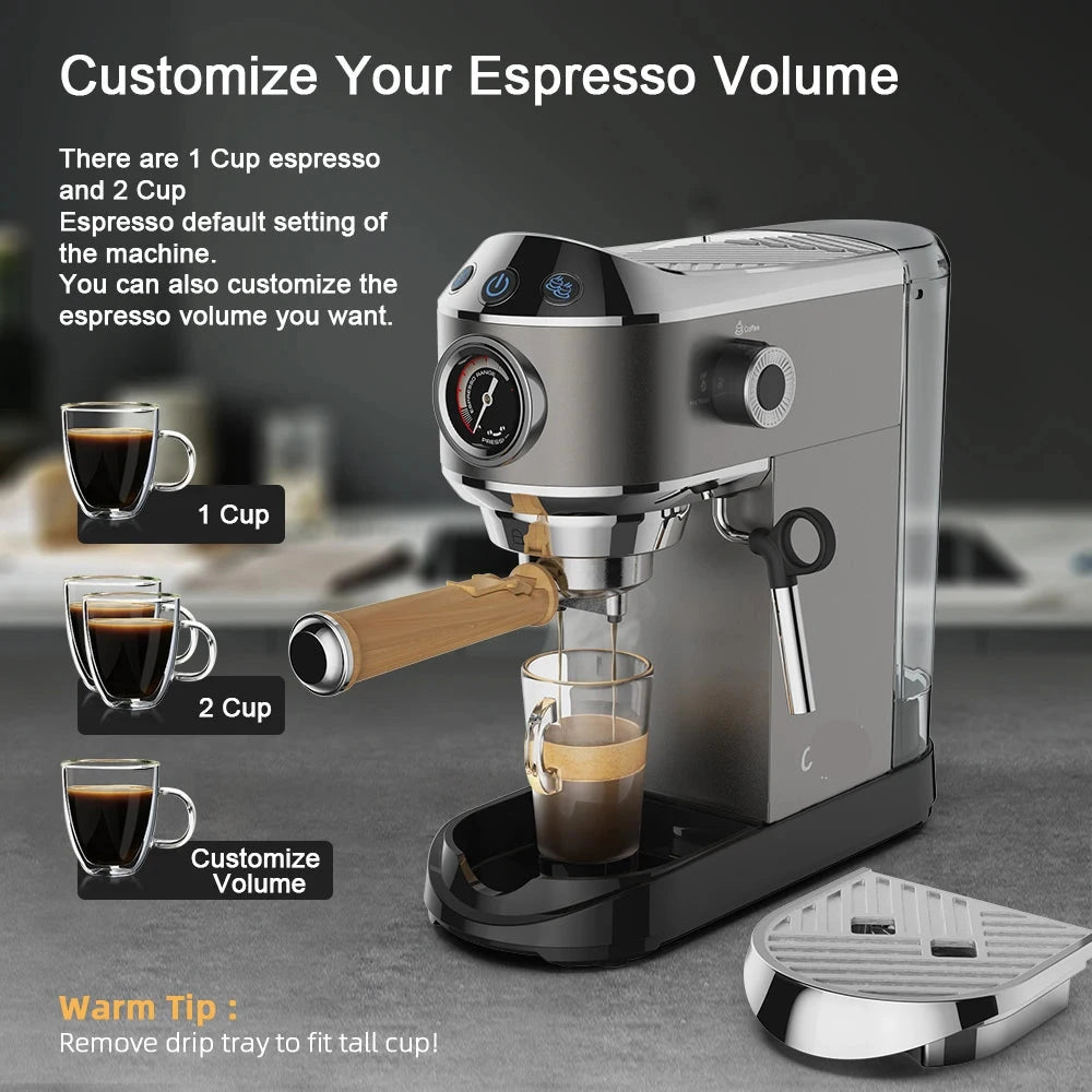 Espressomachine – 20 Bar – Compact Koffiezetapparaat - Semi-Automatisch - 1.1L  - Gemalen Koffie – RVS - Heetwaterfunctie -Voor Espresso - Cappuccino - Latte en Mocha - Koffiemolen - QUORE