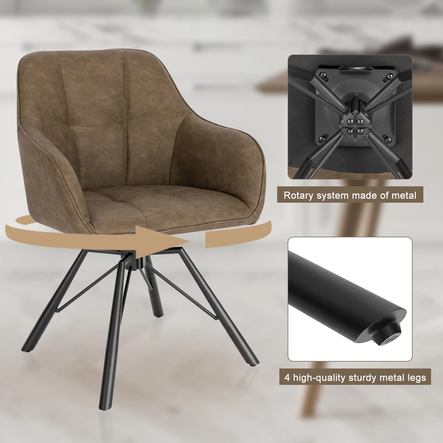 Draaibare Eetkamerstoel – Set van 2 - Eetkamerstoel – Stoel – Draaistoel – Comfortabel – Velvet Bekleding – 360° Draaibare Zitting - Leer - Bruin - QUORE