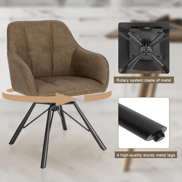Chair - Dining Chair - Swivel Dining Chair - Ergonomic - Dining Chair with Armrests - Comfortable - Upholstered Kitchen Chair - Leather Seat - 360° Rotation - Modern Design - 58.5x54.5x82.5cm - Brown Leather