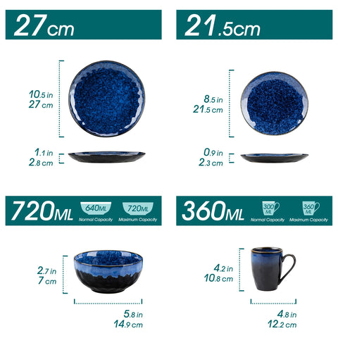 Servies - Servies set - 48 Stuks - Ovens Verandering -  Glazuur Porselein TablewareSet - met Diner Bord, Dessertplaat - Kom - Mok - Sterrenblauwe