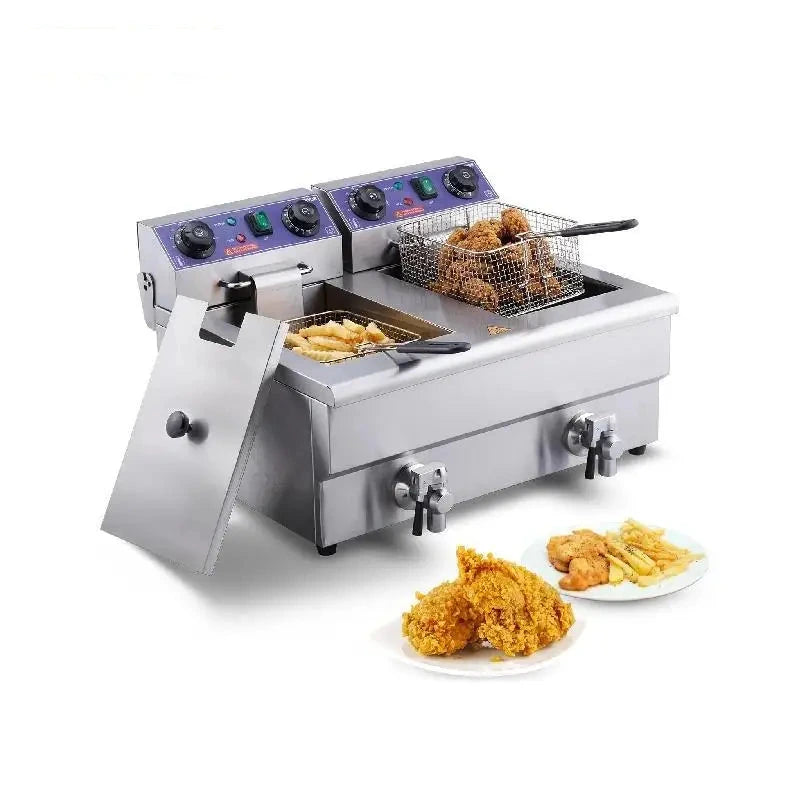 Dubbele Frituurpan - Frituurpannen - Horeca Friteuse - 12L - 3000W - Instelbare Thermostaat - RVS - 2 Tanks - Afvoerkraan - met Timer - en Filte - Voor Friet - Kip en Snacks - QUORE