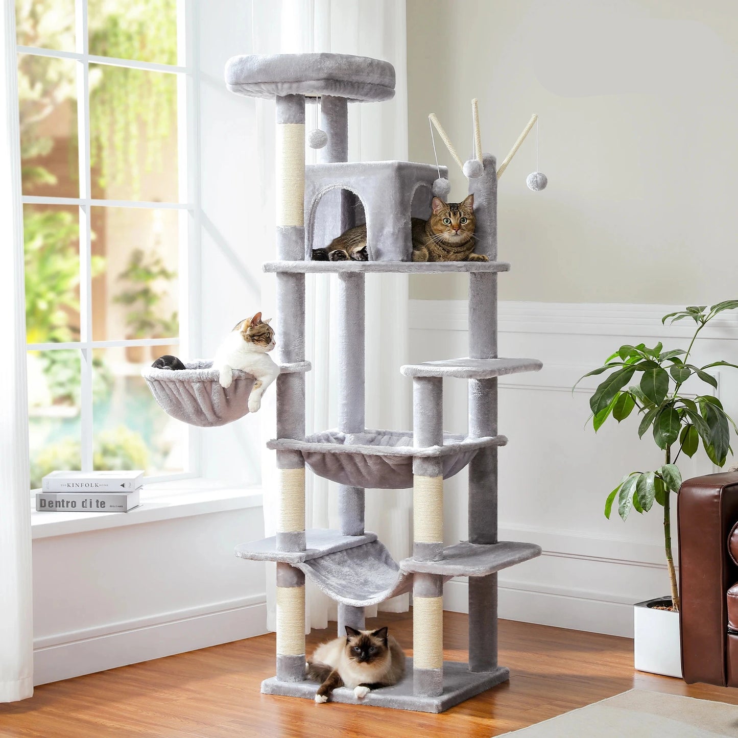 Kattenboom – Katten Klimmuur - Krabpaal - Kattenmeubel - met Hangmatten en Huisjes - 7-Laagse - 175cm - Sisal Krabpalen - Arbre a Chat - Grijs
