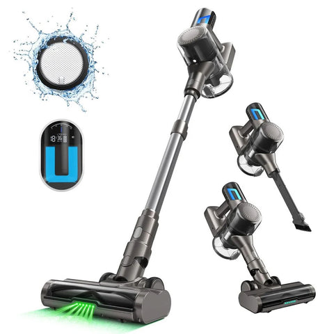 Cordless Stick Vacuum Cleaner - Stick Vacuum Cleaner - Vacuum Cleaner - Cordless Stick Vacuum Cleaner - Powerful Suction - 33kPa - LED display - 45 min. runtime - 420 W - brushless motor - green light - gray