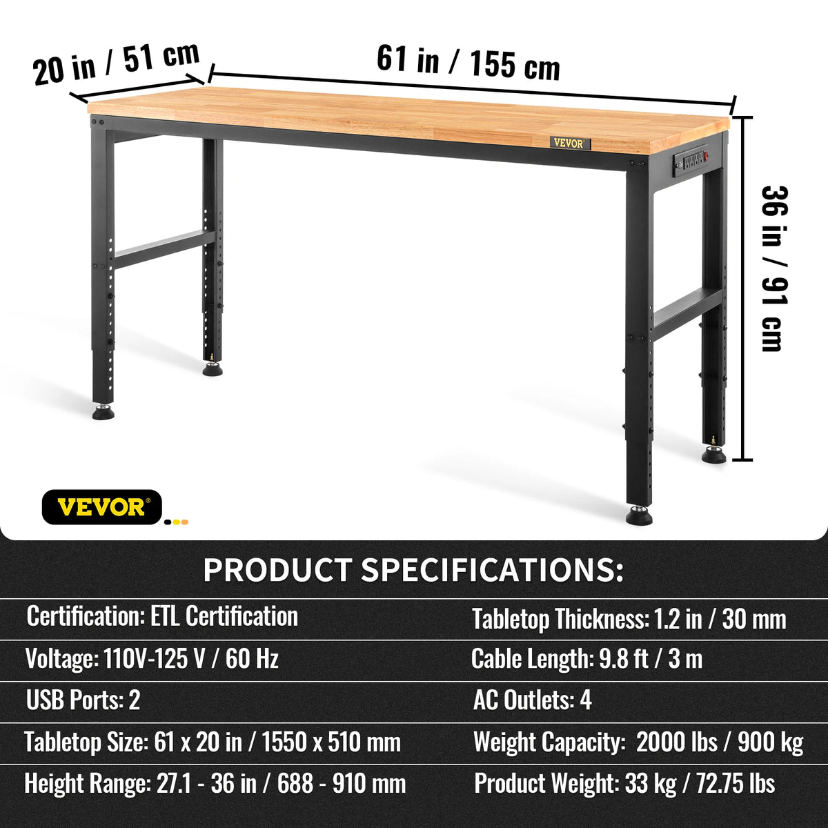 Vevor Heavy-Duty Workbench 72cm Adjustable Height Oak Wood Hardwood Top Work Table 900KG Load Capacity for Office Home Workshop - QUORE