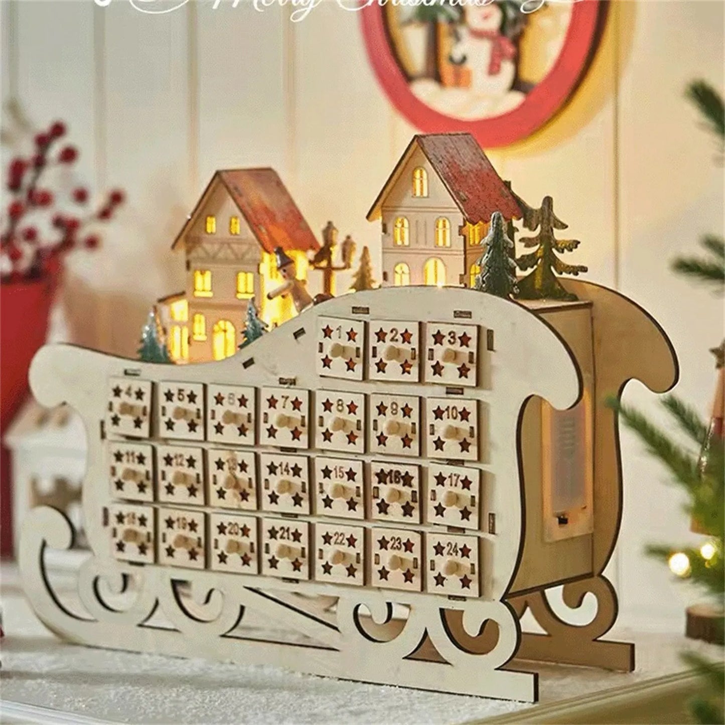 Advent Calendar - Christmas Advent Calendar - Wooden Sleigh Calendar - LED Creative Christmas Decoration - Accessories Practical Household - Interior Ornaments - Toys - Playset