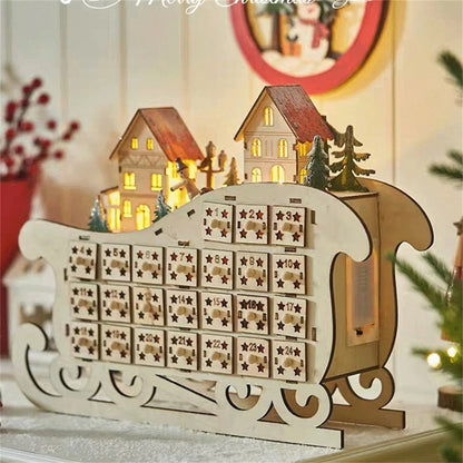 Advent Calendar - Christmas Advent Calendar - Wooden Sleigh Calendar - LED Creative Christmas Decoration - Accessories Practical Household - Interior Ornaments - Toys - Playset