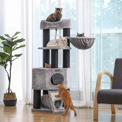 Krabpaal - voor Grote Katten - Kattenpaal - met Hangmat - 141 cm - Meerdere Verdiepingen - Stabiele Basis Cave - Krabplank - Dikke Sisal Kolommen - Arbre a Chat - Hoge Stabiliteit - Zachte Pluche Kussens - Grijs - QUORE