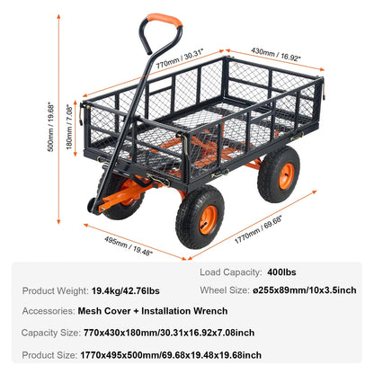 Tuinwagen - Relaxdays Bolderkar Luchtbanden - 400lbs - Transportkar Staal - Bolderwagen - Tuinkrukje - Duurzaam Metalen Frame - Zwart