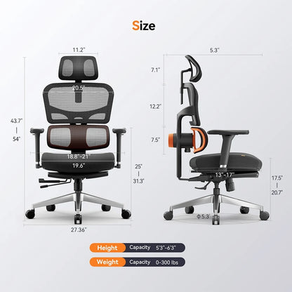 Ergonomische Bureaustoel – Gamingstoel - Comfortabele Stoel – Kantoorstoel – Thuiswerkstoel – Instelbare Rugleuning – Ademend Mesh – Uitschuifbare Voetensteun