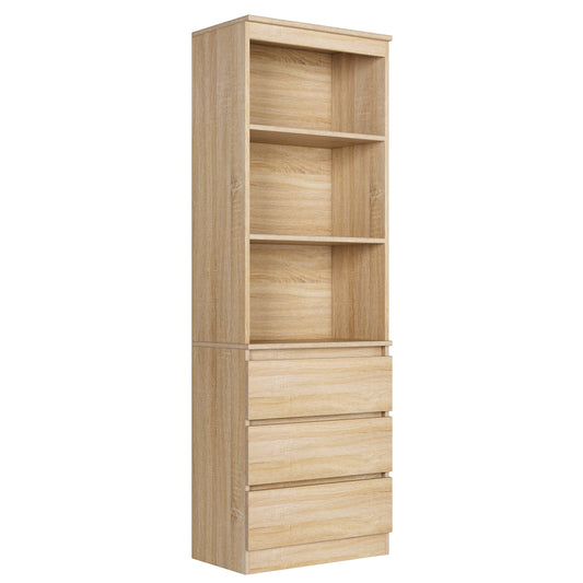 Hoge Boekenkast – Boekenkast Kast Opbergkast Vakkenkast – Eikenfineer MDF – 60x35x180 cm – 3 Lades 3 Open Planken