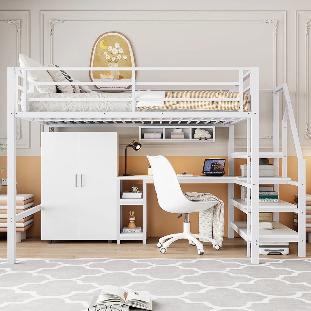Kinderhoogslaper – Hoogslaper – Stapelbed – Halfhoogslaper – Multifunctioneel Bed – Wit 140x200cm – Met Kast En Bureau – Stevig Ijzeren Frame