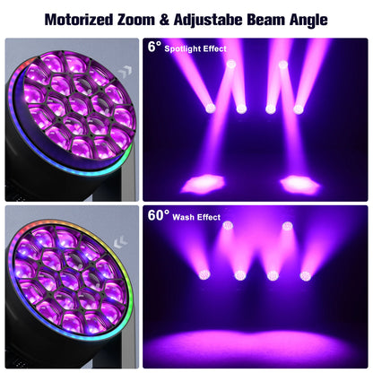 RGBW Moving Head Licht – LED Moving Head – Stage Light – DJ Licht – Disco Verlichting – Upgraded EU Plug – 19x15W LED Met 540° Pan & Elektronische Zoom