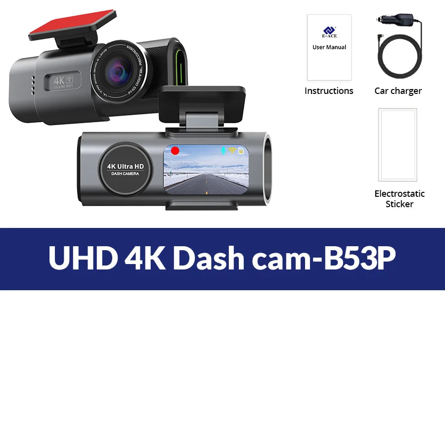 Dashcam voor Auto - 4K Dashcam - Dual Lens - 170° Groothoek - GPS - WiFi - Nachtvisie - 24H Parkeermodus - G-Sensor - 128GB Geheugenkaart inbegrepen - Alleen 4K Dashcam - Zwart