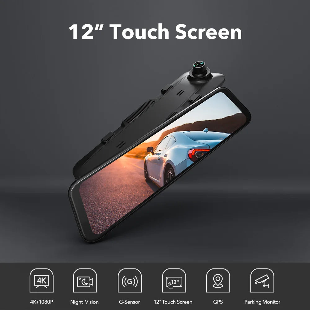 Dashcam Spiegel - Dashcam voor Auto – 12" - Touchscreen - GPS Navigatie – 24K - Achtercamera – Nachtzicht – Parkeermodus – WDR – 170° Groothoek - QUORE